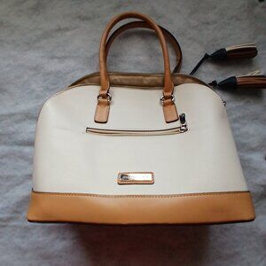 Adrienne Vittadini Cream Tan Satchel Handbag – Top Handle Tassel Zip Top Work Ba